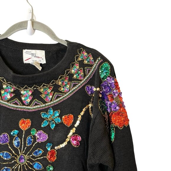 Vintage Sweater Jumper‎ 90s Sequins Pullover Shoulder Pads SML Sport Funky Art - Picture 4 of 6